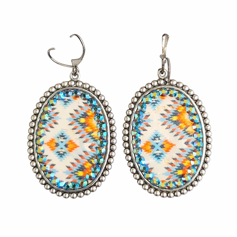 Southwestern Oval Dangle Earrings | Boho Aztec Print | Silver Tone - Picture 2 of 3